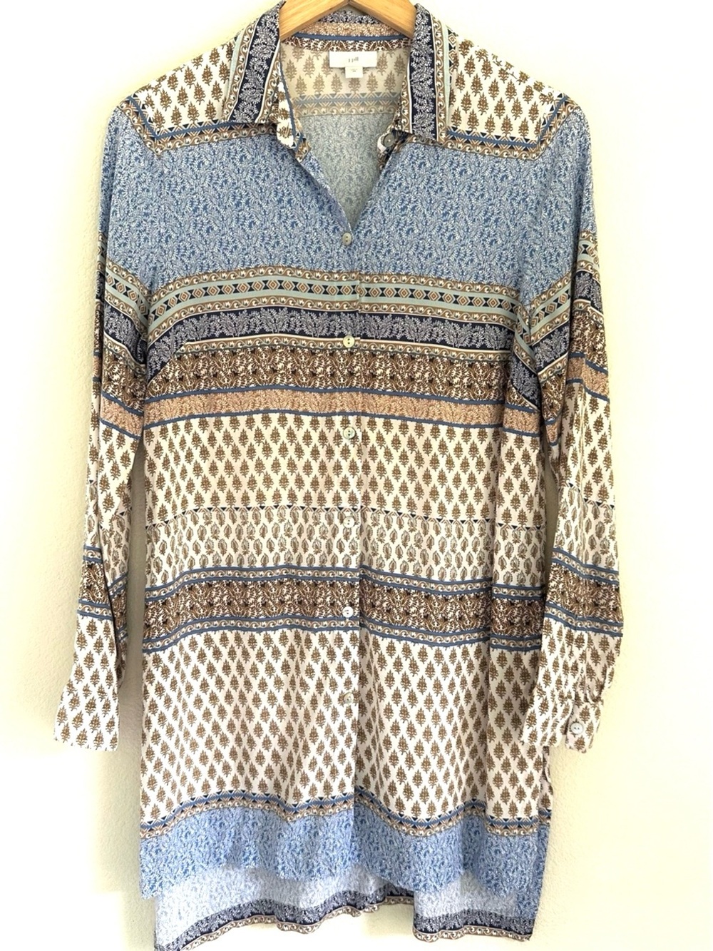 J. Jill Wearever XS Blue Brown Border Print Viscose Tunic Button Down